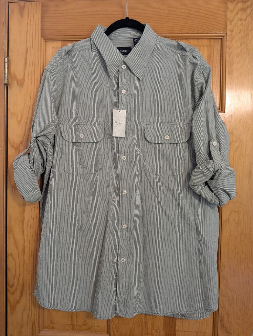 Haggar Men's Green/Sage Stripe Long Sleeve Button Down Shirt Size XL NWT